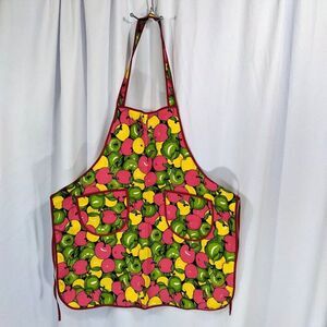 Apple Print Tie Back Bib Apron Pockets Colorful Fall Fruit Mid Length BBQ NWOT